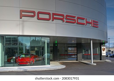 
Porsche New Car Dealership Service Center Entrance, Burlington Massachusetts USA, November 25 2021