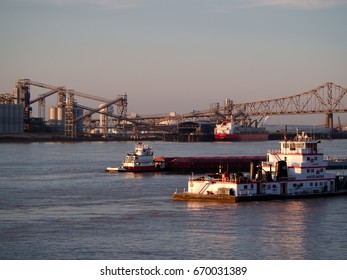 Port Allen, Louisiana, USA - 2019: Port Of Greater Baton Rouge, With Barges In The Foreground.