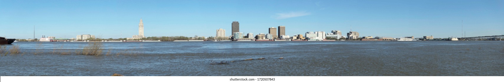 Port Allen, Louisiana, USA - 2020: Large Resolution Panoramic View Of The Baton Rouge Skyline From Across The Mississippi River.