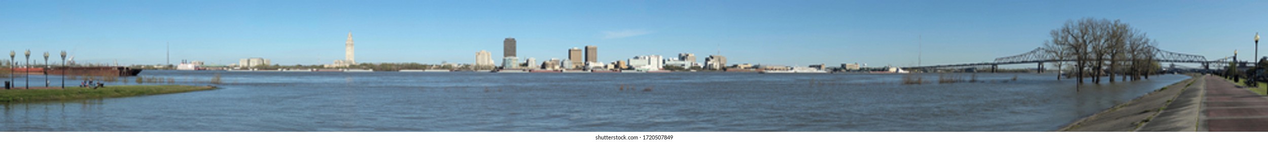 Port Allen, Louisiana, USA - 2020: Large Resolution Panoramic View Of The Baton Rouge Skyline From Across The Mississippi River.