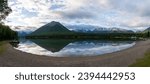 Port Alsworth, Alaska: Hardenburg Bay on Lake Clark in Lake Clark National Park and Preserve. Tanalian Mountain, mirror reflection, Lake Clark Air, The Farm Lodge. 