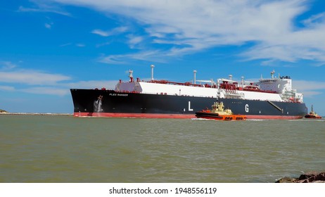 PORT ARANSAS, TX - 22 FEB 2020: The FLEX RANGER, a blue LNG Tanker Ship