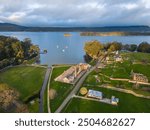 Port Arthur, Tasmania: Aerial view of the Port Arthur historic site and penal settlement in Tasman peninsula in late afternoon in Australia.