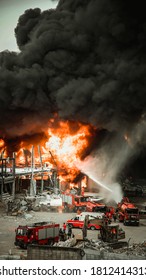 The Port, Beirut / Lebanon - 9 10 2020: Big Fire And Dark Smoke In Beirut Port One Month After The Blast | Firemen And Rescue Teams Working To Extinguish The Flames