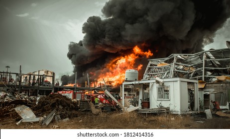 The Port, Beirut / Lebanon - 9 10 2020: Big Fire And Dark Smoke In Beirut Port One Month After The Blast | Firemen And Rescue Teams Working To Extinguish The Flames