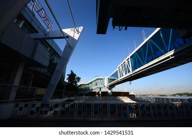 Port Of Belawan, Medan North Sumatera - June 10,2019 : Passenger Boarding Bridge OF SEA SHIP IN BELAWAN PORT, MEDAN