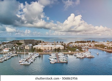 Port In Bermuda Island With Docked Boats