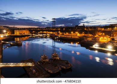 Port In Brest At Night. Brest, Brittany, France.