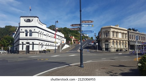 Port Chalmers, Dunedin, New Zealand - February 18 2022: The Street Corner In The Small Seaside Town Of Port Chalmers Showing Old Buildings And Street Sign.