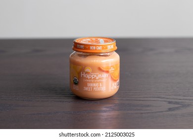 Port Charlotte, Florida - February 17, 2022: Happy Baby Sweet Potato And Banana Puree Food For Babies (stage 2) 4oz.