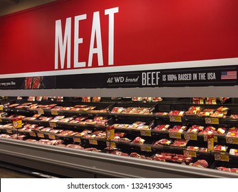 PORT CHARLOTTE, FLORIDA - FEBRUARY 7, 2019 : Fresh Meat Display In An American Grocery Store.