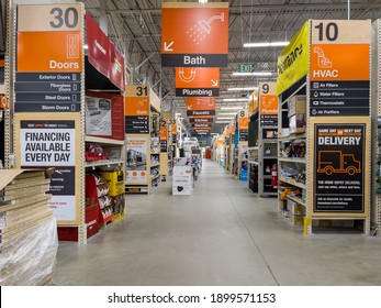 PORT CHARLOTTE, FLORIDA - January 21, 2021 : Home Depot home improvement store interior with hardware section aisle signs.