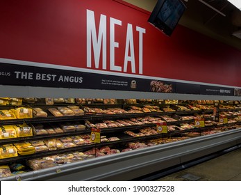 PORT CHARLOTTE, FLORIDA - JANUARY 22, 2021 : Fresh meat sign and meat product display in an American grocery store.