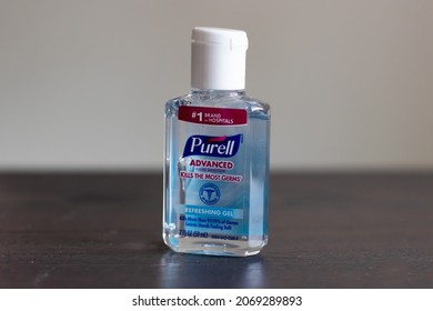 Port Charlotte, Florida United States - November 4, 2021 - Close-up Of Purell Hand Sanitizer Bottle 2fl Oz. Great Size To Keep In Your Purse, Backpack, Car, Office, And Home. Kills Most Germs.