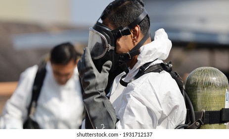 Port Dickson, Malaysia, March 2, 2021- The Hazmat Special Team Of The Fire And Rescue Department Of Malaysia, Conducted Hazmat Training At The Oil Treatment Center, Port Dickson.