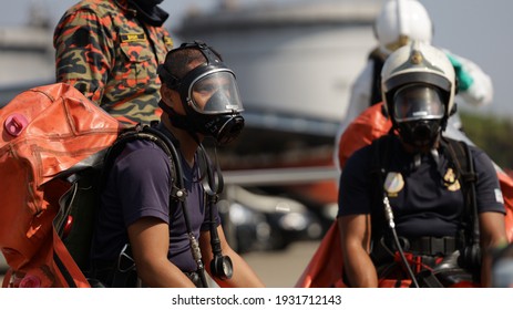 Port Dickson, Malaysia, March 2, 2021- The Hazmat Special Team Of The Fire And Rescue Department Of Malaysia, Conducted Hazmat Training At The Oil Treatment Center, Port Dickson.