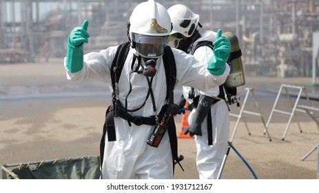 Port Dickson, Malaysia, March 2, 2021- The Hazmat Special Team Of The Fire And Rescue Department Of Malaysia, Conducted Hazmat Training At The Oil Treatment Center, Port Dickson.