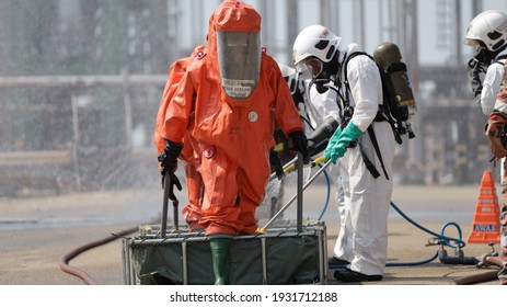 Port Dickson, Malaysia, March 2, 2021- The Hazmat Special Team Of The Fire And Rescue Department Of Malaysia, Conducted Hazmat Training At The Oil Treatment Center, Port Dickson.