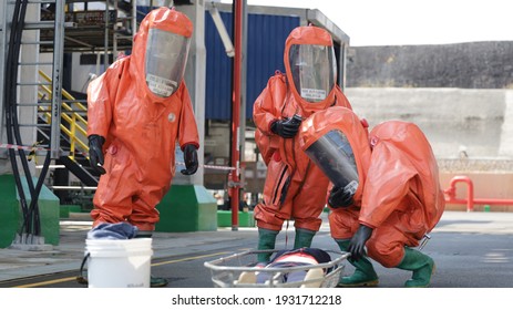 Port Dickson, Malaysia, March 2, 2021- The Hazmat Special Team Of The Fire And Rescue Department Of Malaysia, Conducted Hazmat Training At The Oil Treatment Center, Port Dickson.