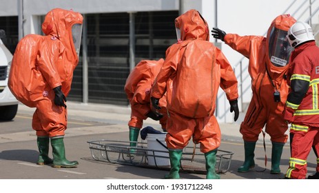 Port Dickson, Malaysia, March 2, 2021- The Hazmat Special Team Of The Fire And Rescue Department Of Malaysia, Conducted Hazmat Training At The Oil Treatment Center, Port Dickson.