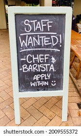 Port Douglas, Queensland, Australia - June 13th 2021: Chalkboard Outside Cafe Seeking Staff To Fill Vacancies - Many Hospitality Venues Have Vacancies Created By International Border Restrictions.