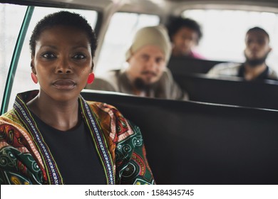 Port Elizabeth, South Africa April 2017 Multiracial Group Of People Sitting In A Taxi In South Africa 