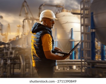 Port engineer supervises LNG loading operations, monitoring equipment and transfer systems on a laptop to ensure safe handling of liquefied gas during terminal procedures.