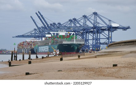 Port Of Felixstowe, Suffolk, United Kingdom, September 21, 2022. Large Bulk Carrier Container Ship In Dock. Being Loaded By Cranes. Illustrates International Trade, Economic Growth, Globalisation