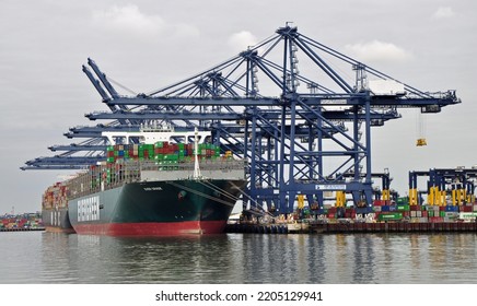 Port Of Felixstowe, Suffolk, United Kingdom, September 21, 2022. Large Bulk Carrier Container Ship In Dock. Being Loaded By Cranes. Illustrates International Trade, Economic Growth, Globalisation