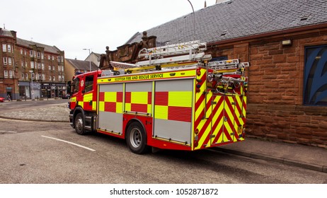 Port Glasgow, Glasgow, Scotland, UK; March 12th 2018: A Red And Yellow Fire Engine Of The Scottish Fire And Rescue Service.