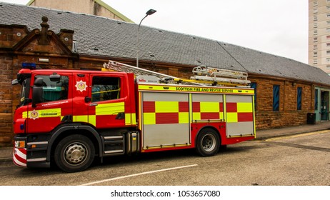 Port Glasgow, Glasgow, Scotland, UK; March 12th 2018: A Red And Yellow Fire Engine Of The Scottish Fire And Rescue Service.