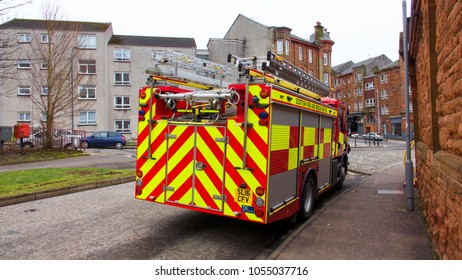 Port Glasgow, Glasgow, Scotland, UK; March 12th 2018: A Red And Yellow Fire Engine Of The Scottish Fire And Rescue Service.