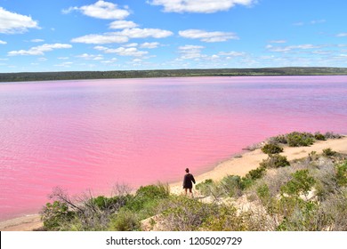 Port Gregory, Australia - 08 31 2018: Young woman enjoying the view on the pink lagoon on a sunny day in Western Australia