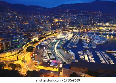 Port Hercule in Monaco, after dusk.