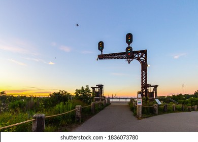 Port Huron, Michigan, USA - August 31, 2020: Historic Display On The Blue Water River Walk. The Mile Long Trail Parralells The St Clair River And Is In The Downtown Waterfront District Of Port Huron.