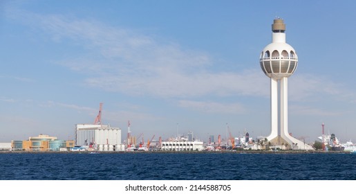 Port Of Jeddah, Saudi Arabia. Skyline With White Traffic Control Tower