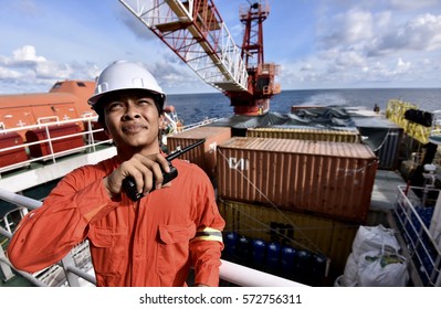 Port Klang, Malaysia, 06 Febuary 2017 : Crew Offshore Support Vessel At Main Deck.