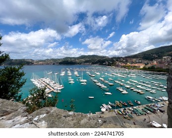 port of Lerici in Liguria with moored boats panoramic view in sunny day. High quality photo - Shutterstock ID 2244741705