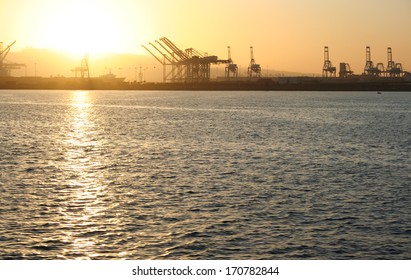 Port Of Long Beach Sunset. The Port Of Long Beach In Southern California During Sunset.