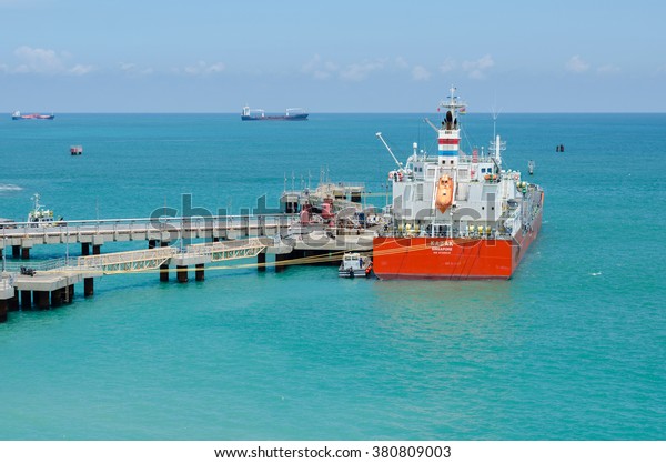 Port Louis, Mauritius - February 13: Fuel\
carrier vessel at the terminal in Port Louis on February 13, 2016 \
in Port Louis, Mauritius.