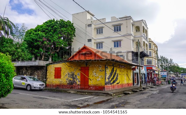 Port Louis, Mauritius - Jan 4, 2017.\
Old houses at downtown in Port Louis, Mauritius. Port Louis is the\
country economic, cultural and political\
centre.