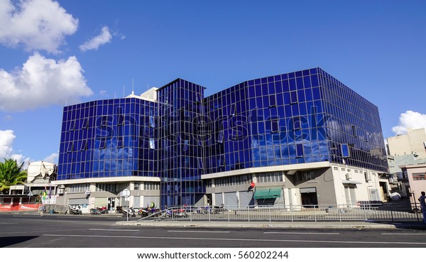 Port Louis, Mauritius - Jan 4, 2017. An\
office building in Port Louis, Mauritius. Port Louis is the\
business and administrative capital of the\
island.