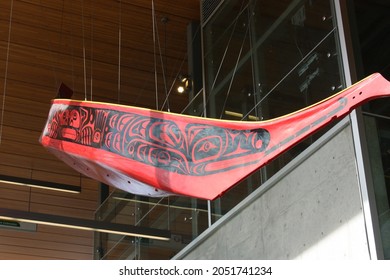 Port Moody, BC  Canada - 1st October 2021: First Nations Canoe In The Ceiling Of The Moody Centre Skytrain Station