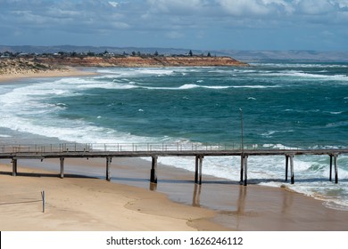 The Port Noarlunga Jetty With Volley Ball Nets In The Foreground In South Australia On 23rd January 2020