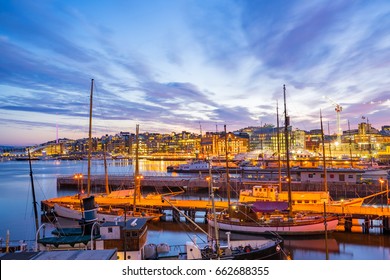 Port Of Oslo City In Norway At Night.