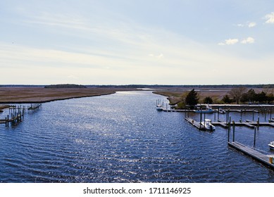 Port Republic, NJ / USA - April 19 2020: Picture Of Marina On Mullica River