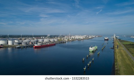 Port Of Rotterdam. Botlek. Oil Refinery Plant From Industry Zone, Aerial View Oil And Gas Industrial, Refinery Factory Oil Storage Tank And Pipeline Steel