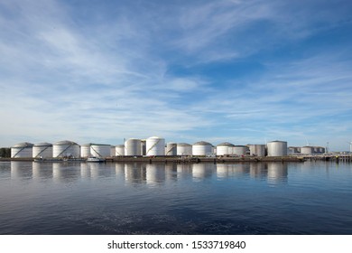 Port Of Rotterdam. Botlek. Oil Refinery Plant From Industry Zone, Aerial View Oil And Gas Industrial, Refinery Factory Oil Storage Tank And Pipeline Steel