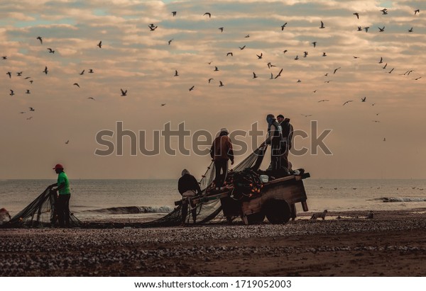 Port Said, Egypt - February5,\
2020-fishermen collecting fish from his nets after fishing\
