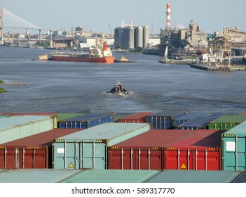 Port Of Savannah Ga With Container Ship And Tug Boat